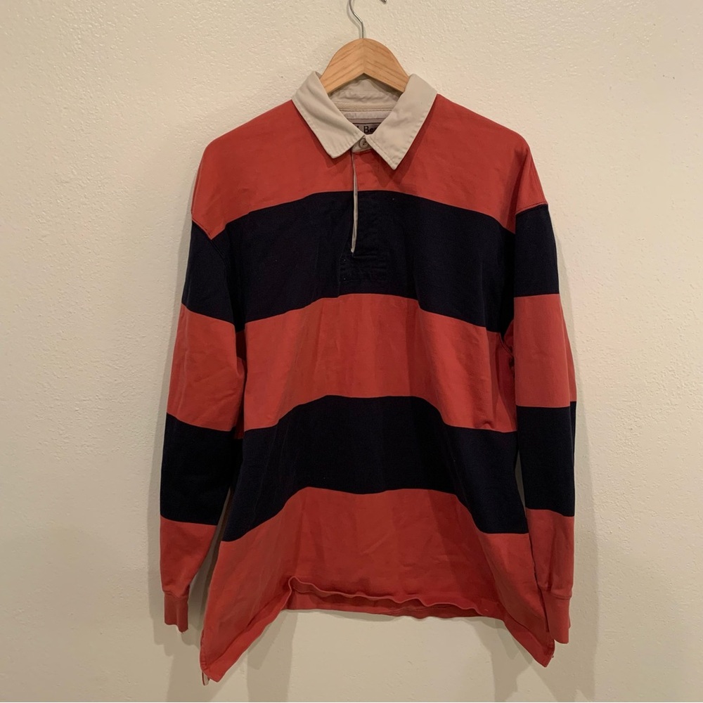LL Bean Striped Rugby Polo Long Sleeve Large Red/Blue Vtg 90's Heavy Cotton